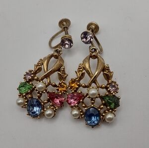 Vintage Retro/Mid Century 10k Gold Plated Multicolor Rhinestone Earrings
